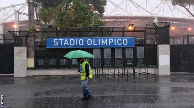 Lazio's Serie A game against AC Milan has been delayed by an hour and will kick off at 15:00 BST after flash floods in Rome